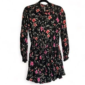 Free People Revolve Lighten Up | Black Pink Floral Long Sleeve Mini Dress Tunic